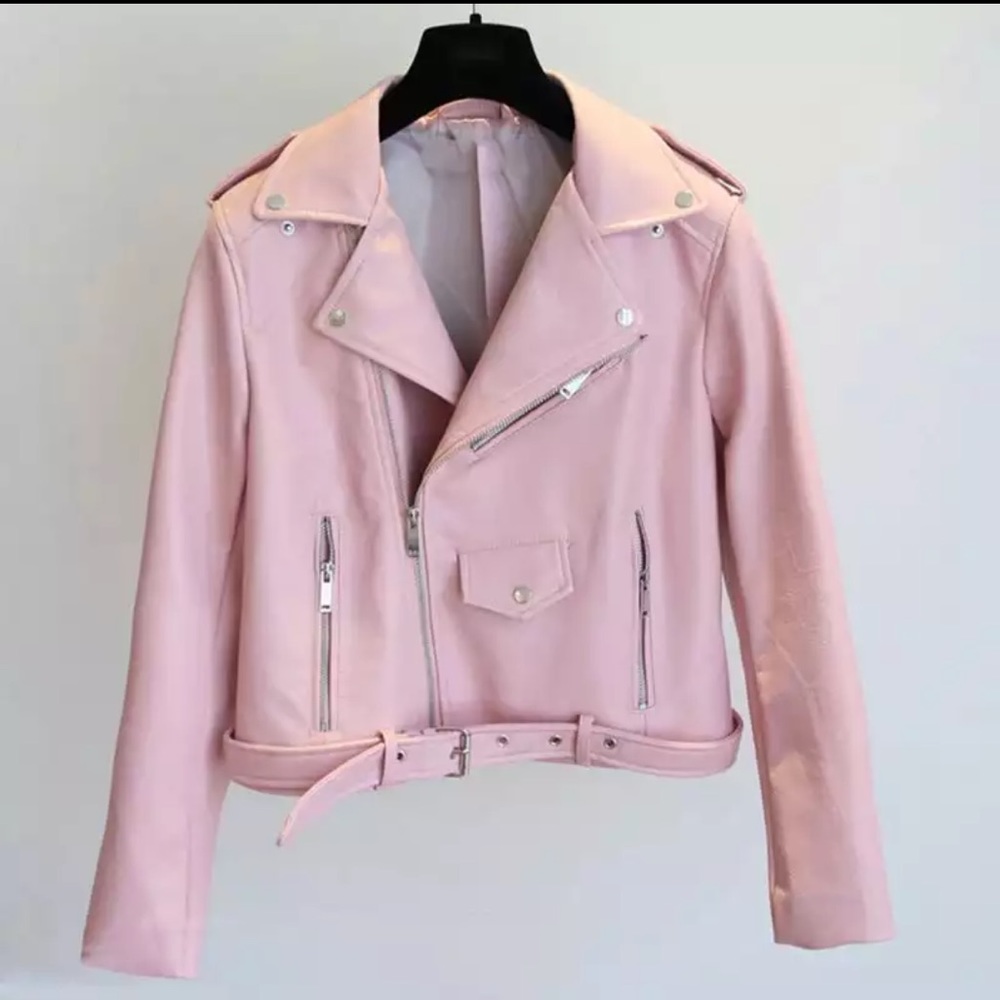 ✅ 【SOLD】 ✅ Faux Pink Leather Biker Jacket